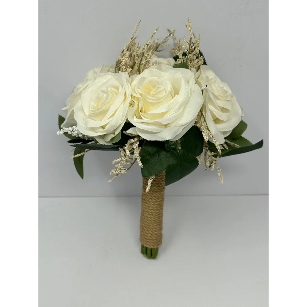 Bridal Wedding Bouquet White Roses Babies Breath Rope Handle T9